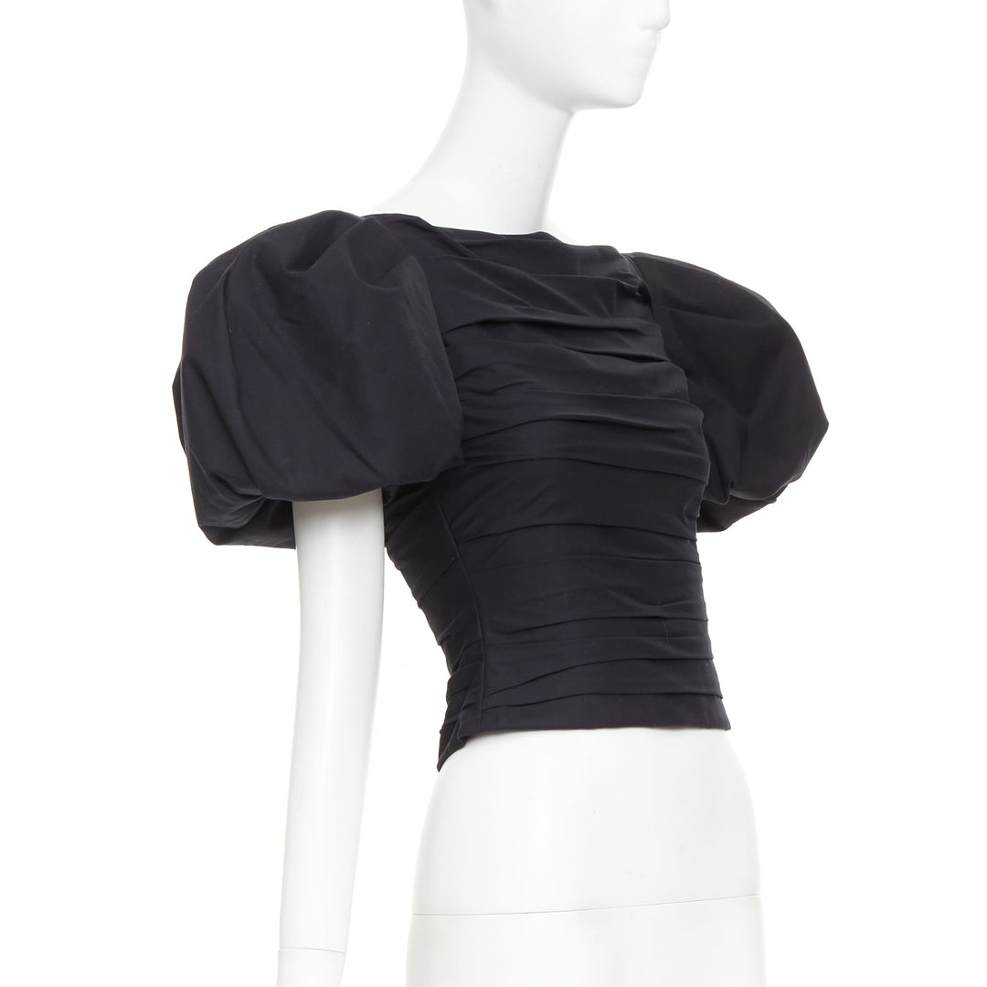 KHAITE Kai black cotton poplin puff sleeve pleated front bateau crop top US0 XS