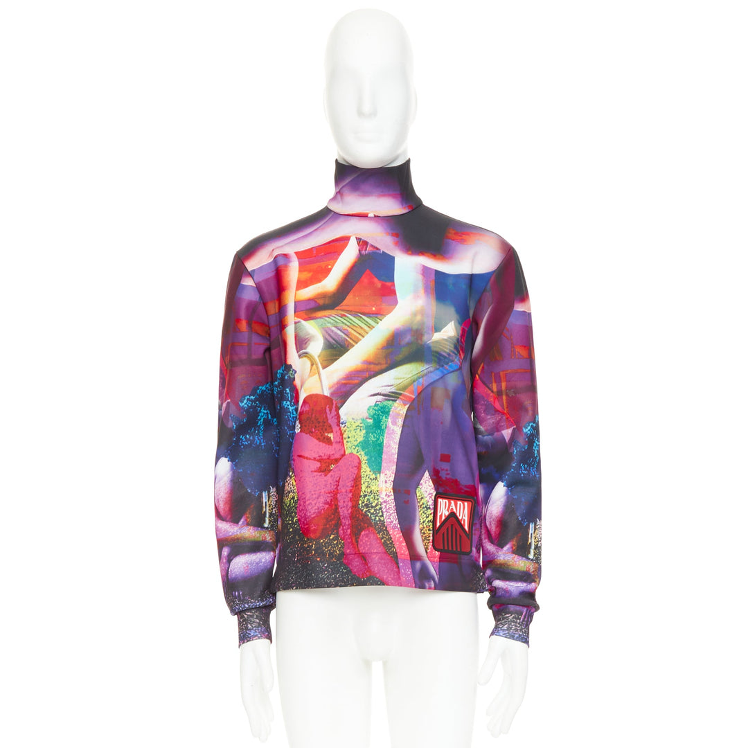 PRADA 2019  Runway purple psychedelic graphic print neoprene mock neck top M