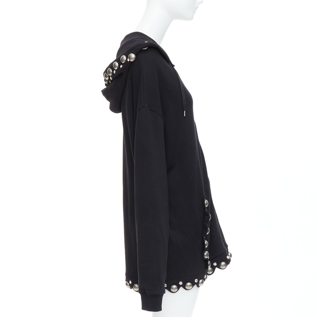 AREA Crystal Dome black cotton silver stud embellished hoodie XS