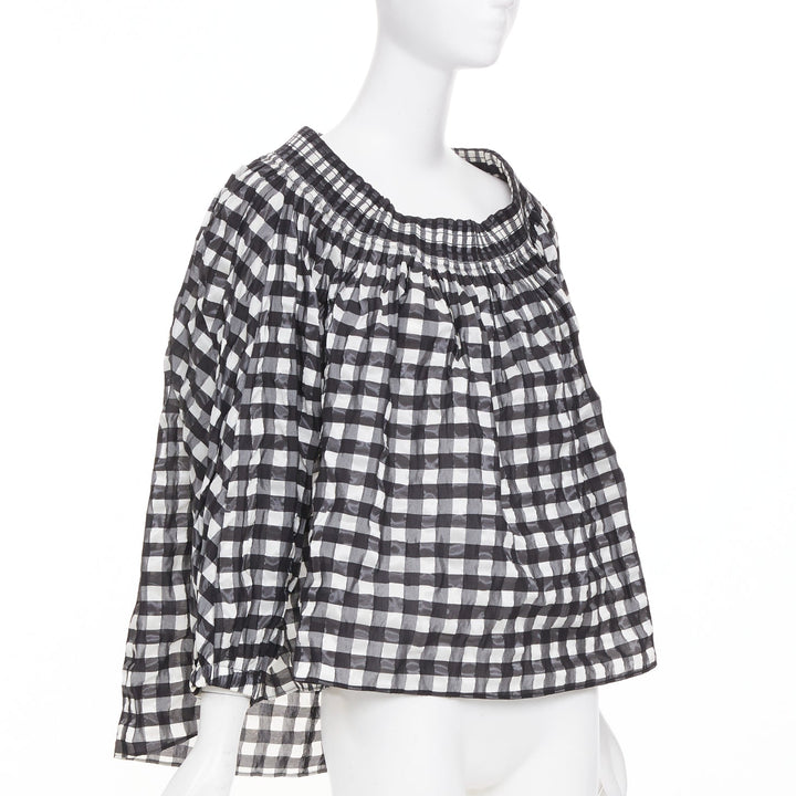 ALAIA black white checked gingham smocked neck asymmetric loose top FR36 S