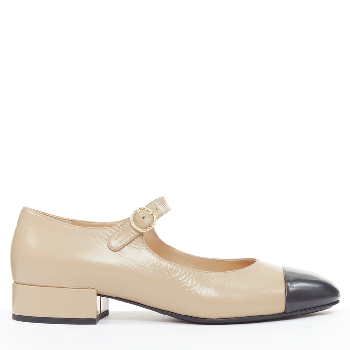 CHANEL 2024 beige leather black cap toe CC block heel mary jane flats EU39.5