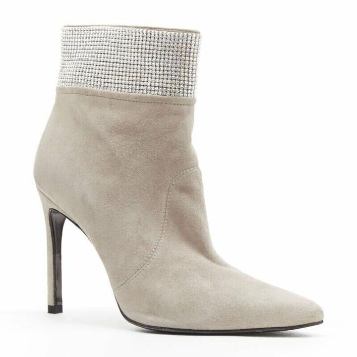 STUART WEITZMAN Highbeams grey fossil suede crystal embellished bootie EU38.5