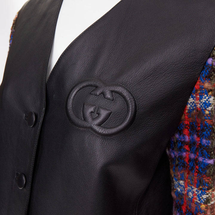 GUCCI 2019 Interlocking G Patch lambskin multi plaid tweed sleeve jacket IT38 S
