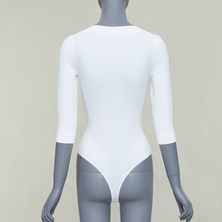 ALAIA white viscose blend V-neck 3/4 sleeves bodysuit top FR36 S