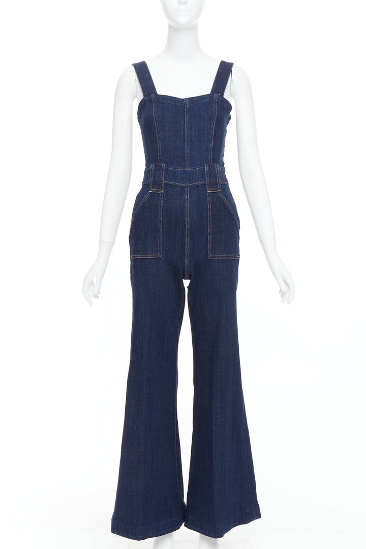 7 FOR ALL MANKIND indigo blue denim wide flare dungaree jumpsuit XS