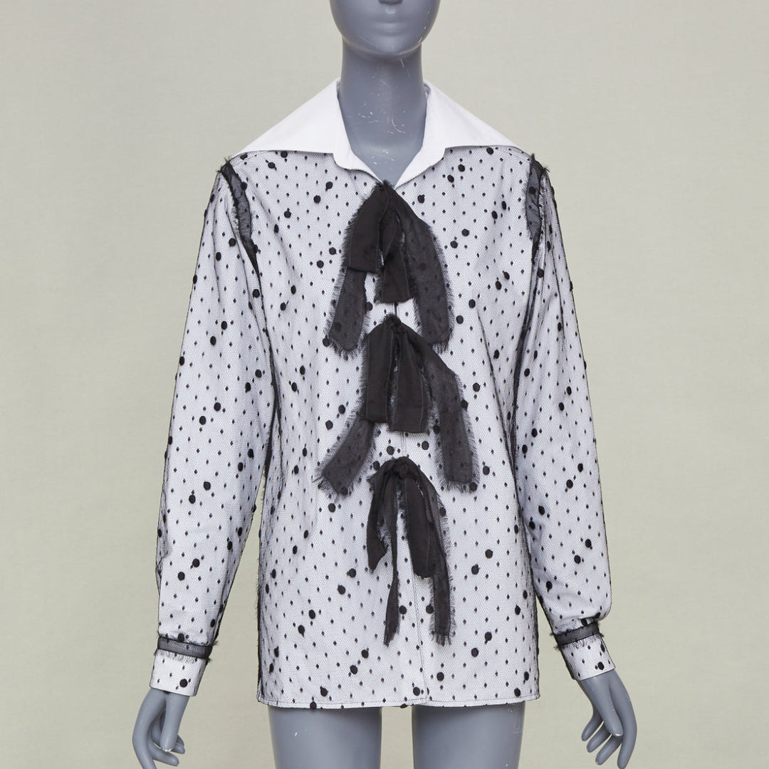 VALENTINO 2021 Point Esprit white black polka dot tulle bow cotton shirt IT38 XS