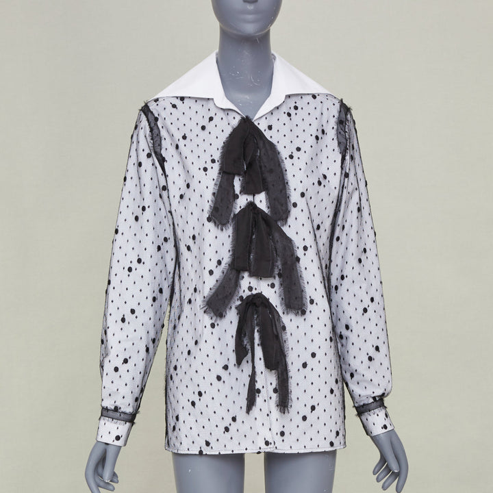 VALENTINO 2021 Point Esprit white black polka dot tulle bow cotton shirt IT38 XS