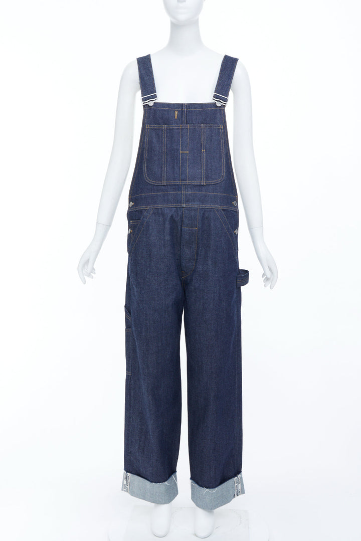 CHRISTIAN DIOR oblique cuffed dark blue raw denim straight overalls FR36 S