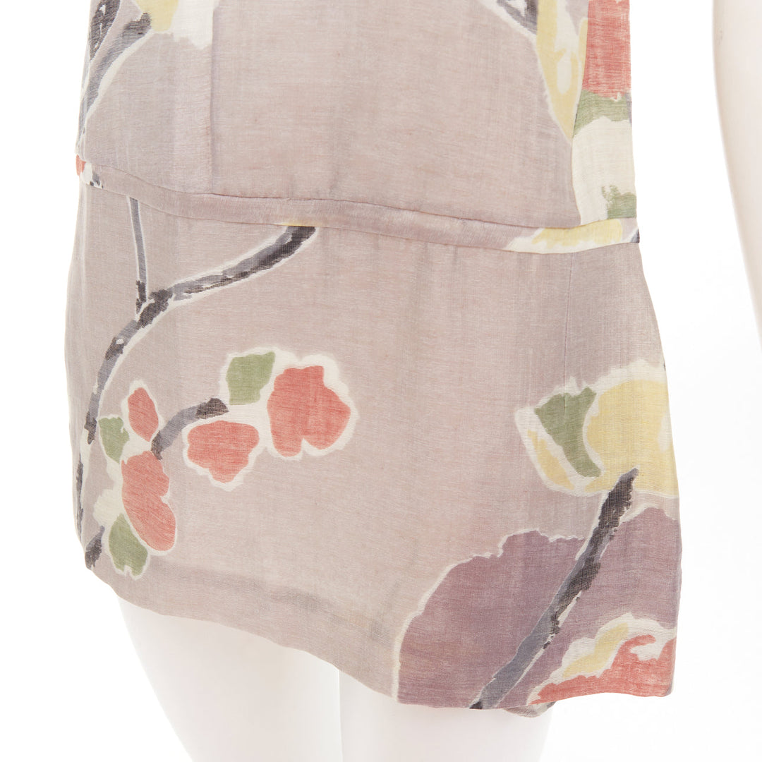 MARNI light grey ramie blend muted floral print panelled scoop neck top IT38 XS
