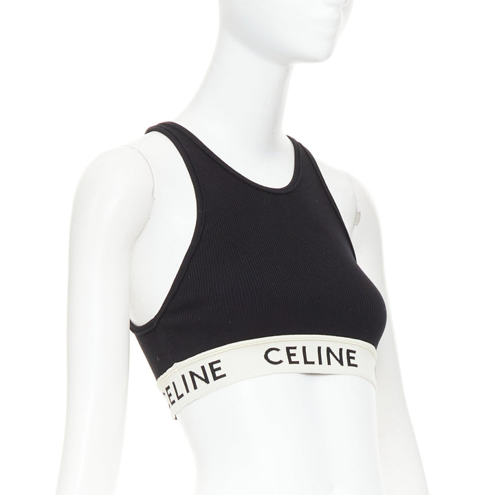 CELINE black cotton blend cream ribbed logo round neck bra top S Lisa Blackpink