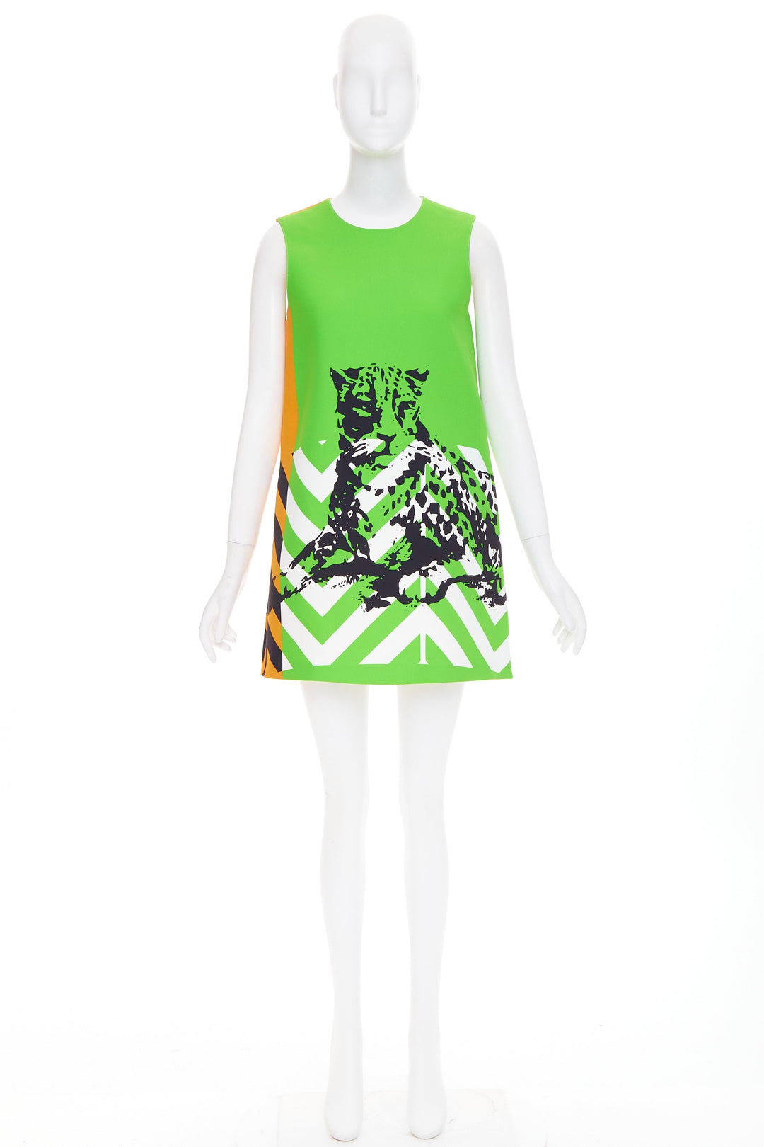 DIOR 2022 Runway D-Jungle geometric panther green orange graphic shift dress S