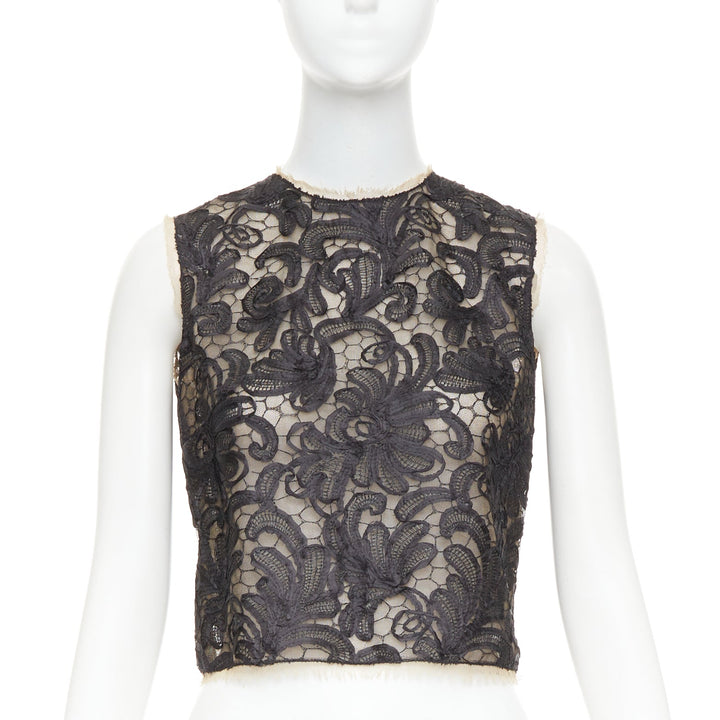 DOLCE GABBANA black nude overlay applique lace crew neck crop top IT40 S