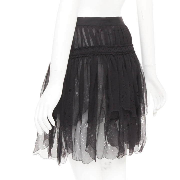 JOHN GALLIANO Gonna black 100% shirred silk laser cut holes prairie skirt FR36 S