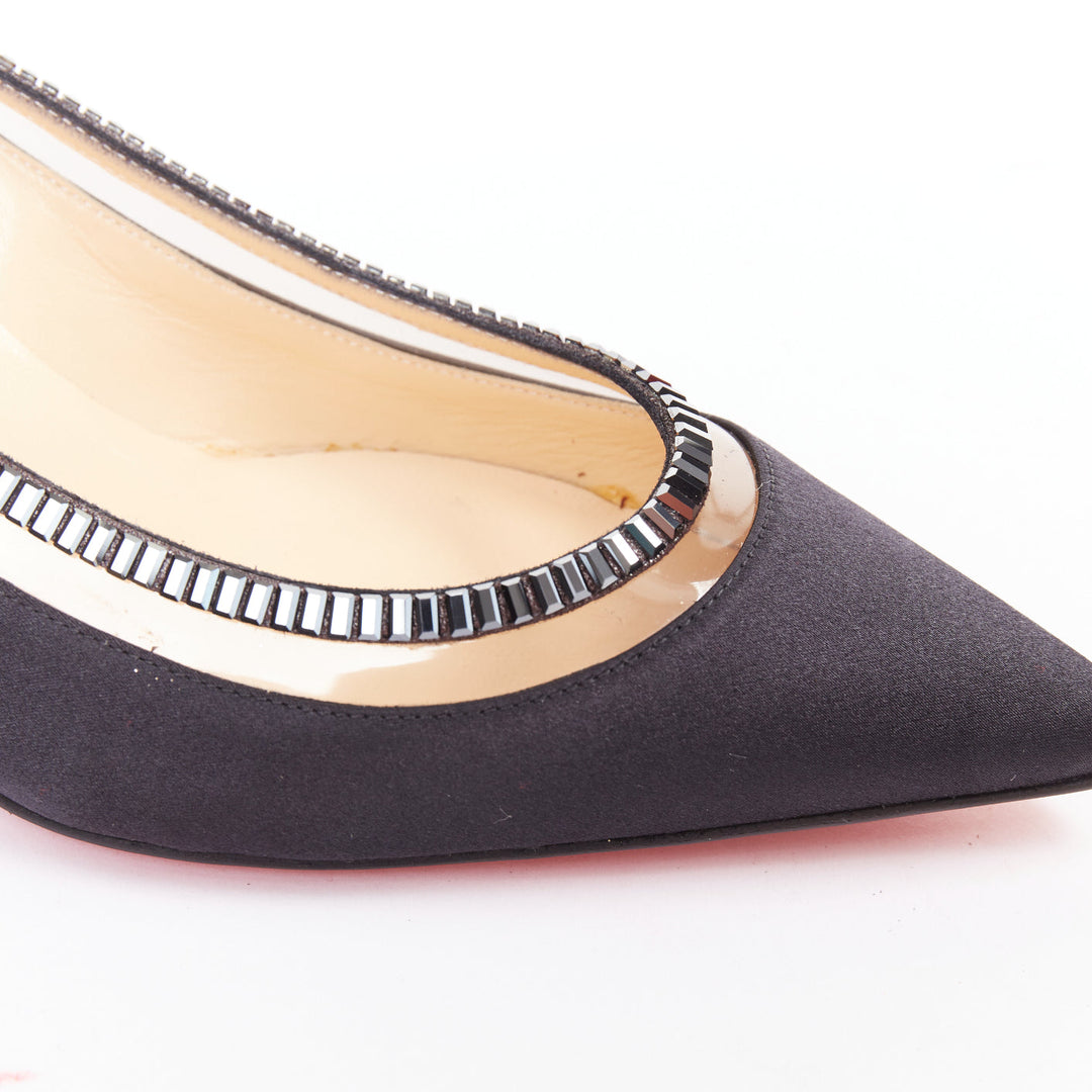 CHRISTIAN LOUBOUTIN Paulina Strass 45 black satin baguette crystal kitten EU37.5