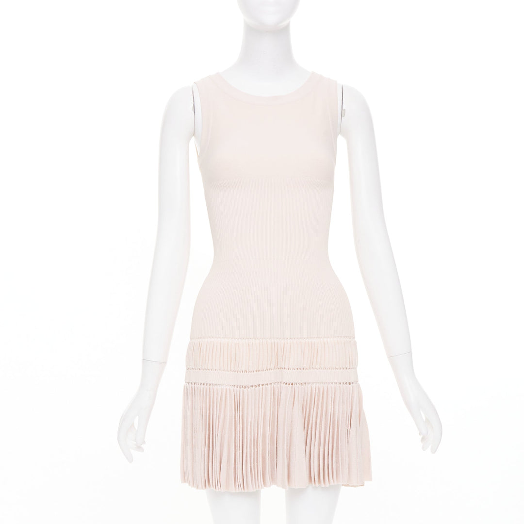 ALAIA pale blush pink open work drop waist plisse fringe knit mini dress FR36 S