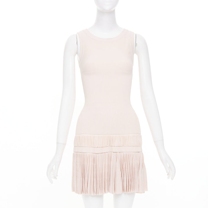 ALAIA pale blush pink open work drop waist plisse fringe knit mini dress FR36 S