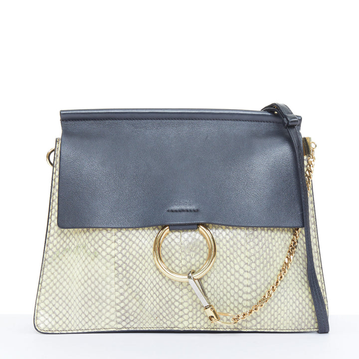 CHLOE Faye Medium beige python black calfskin leather chain flap shoulder bag