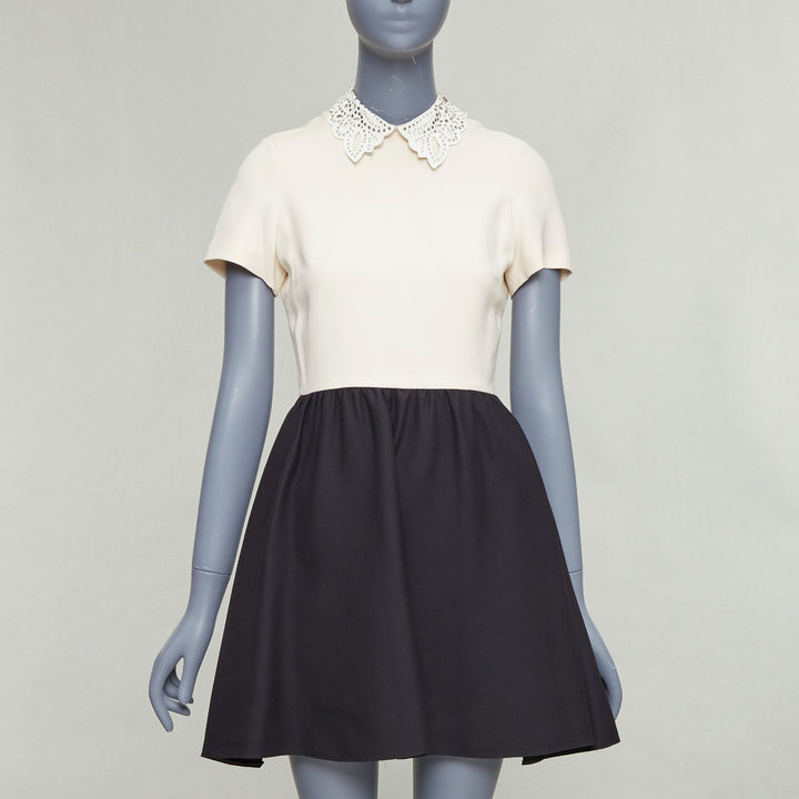 VALENTINO cream black silver studded leather collar bicolor cocktail dress
