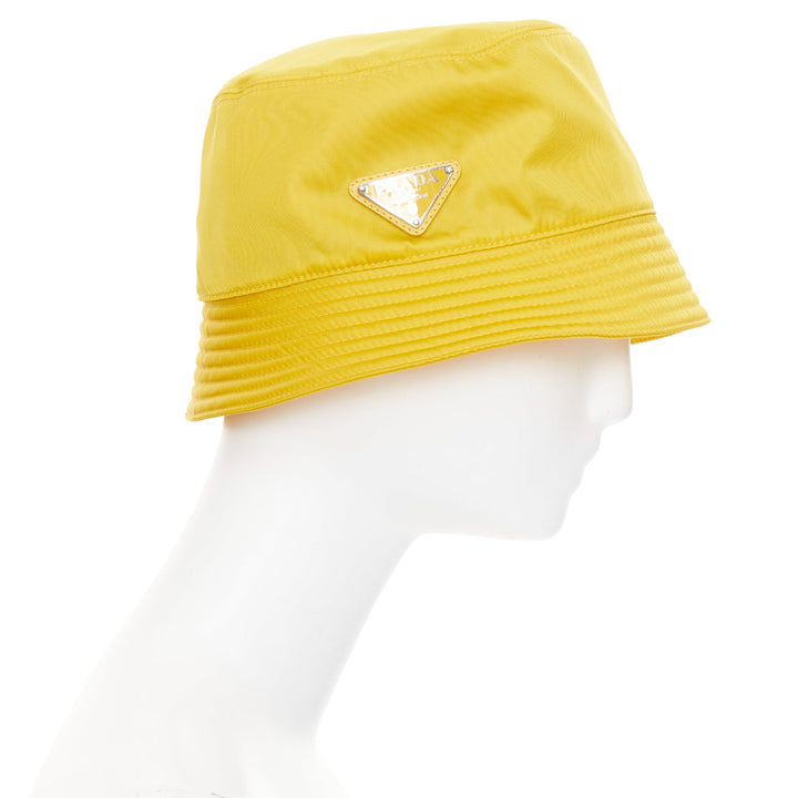 PRADA Re-Nylon mustard yellow silver logo plague topstitched bucket hat M
