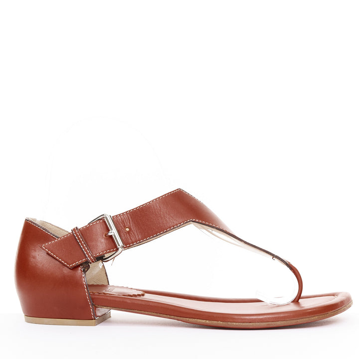 CHRISTIAN LOUBOUTIN brown leather tstrap silver buckles thong sandals EU37