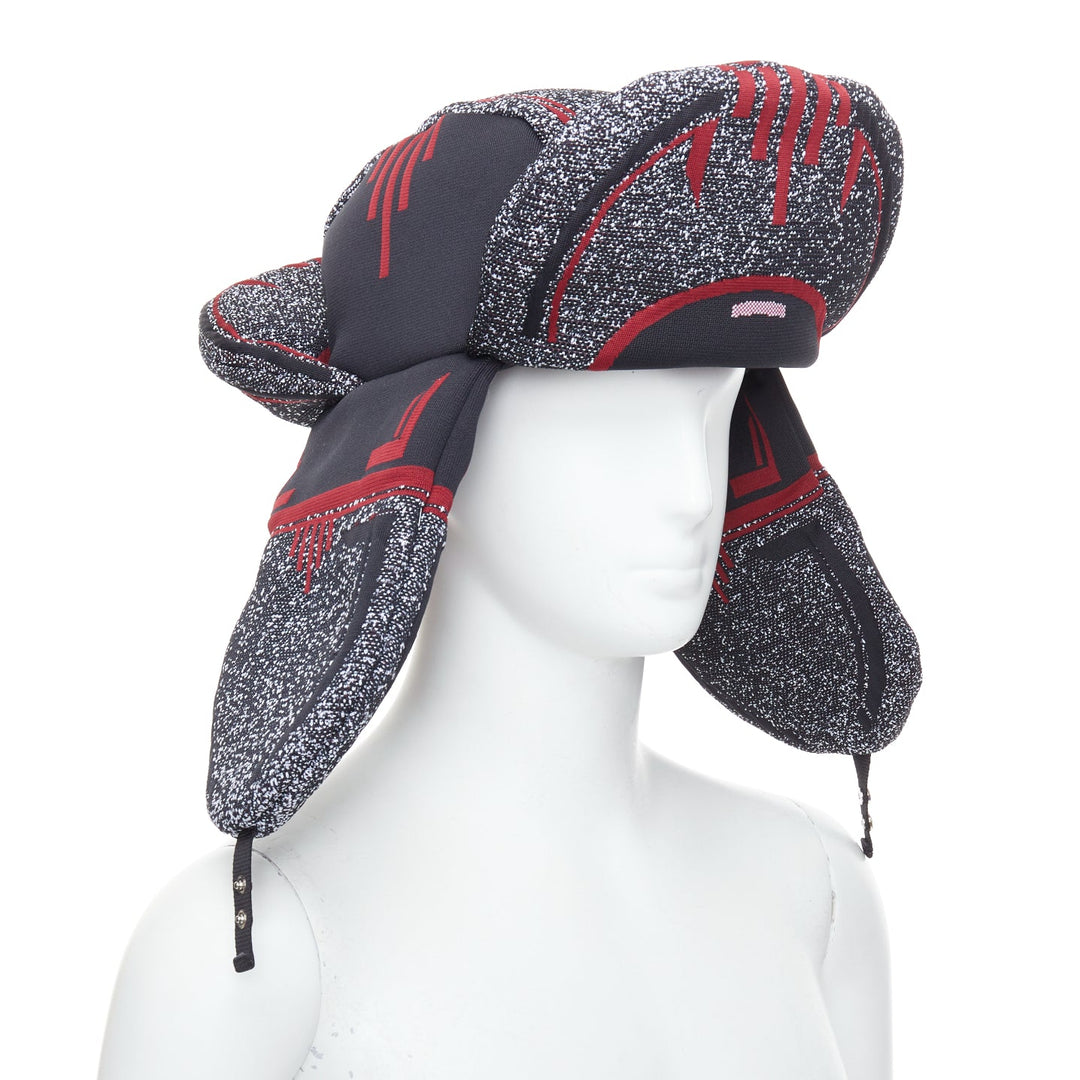 rare PRADA 2019 Runway red grey logo jacquard padded trapper hat L