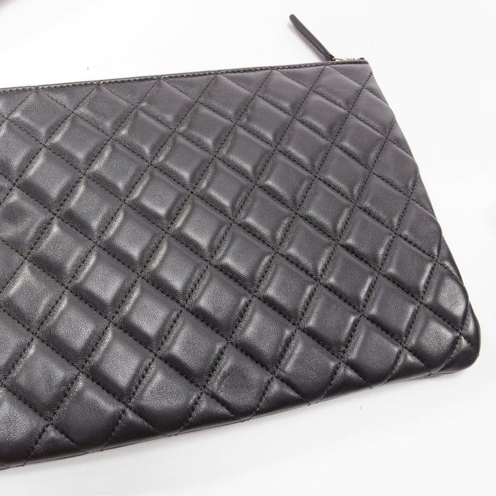 CHANEL O Case black smooth leather matelasse quilted zip clutch bag