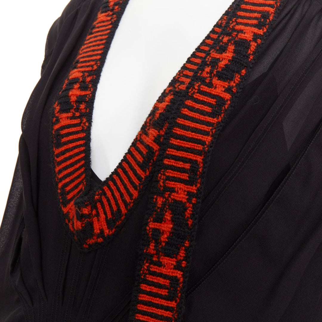 PRADA 2021 Runway black voile red sable jacquard knit neck midi dress IT38 XS