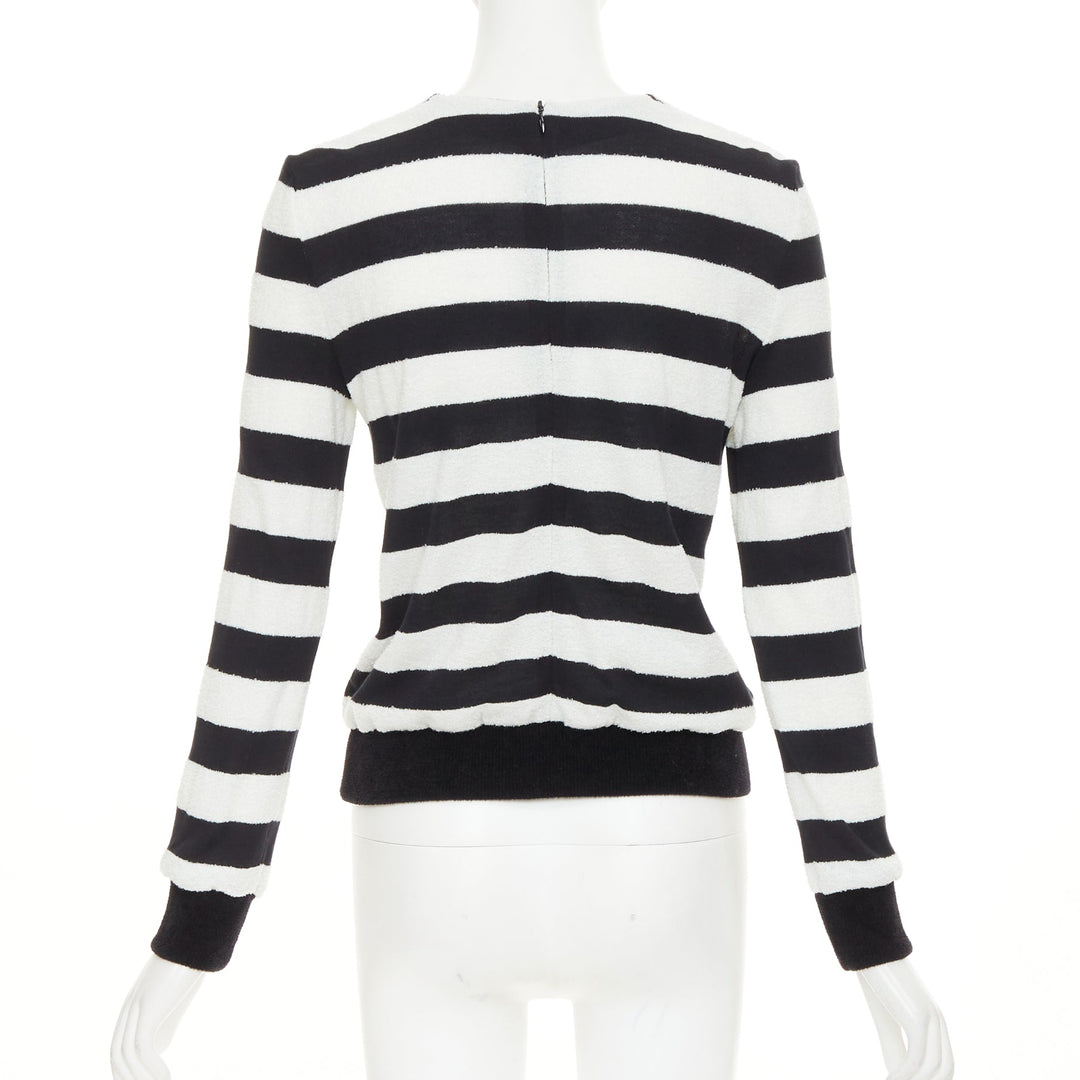 BALMAIN black off white stripes gold lion buttons square neck pullover FR36 S