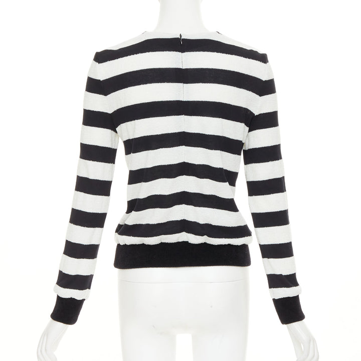 BALMAIN black off white stripes gold lion buttons square neck pullover FR36 S