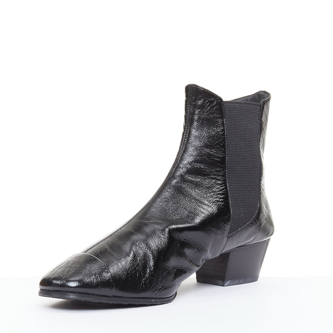 CHANEL 2019 Lami Fantasy black crinkled calfskin gold CC  chelsea boots EU39.5