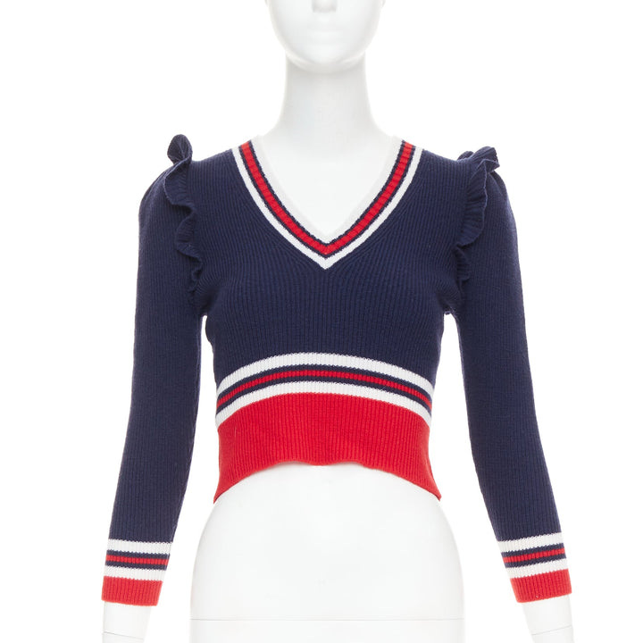 GUCCI 2017 Runway navy red ruffled shoulder cropped V-neck striped sweater XS