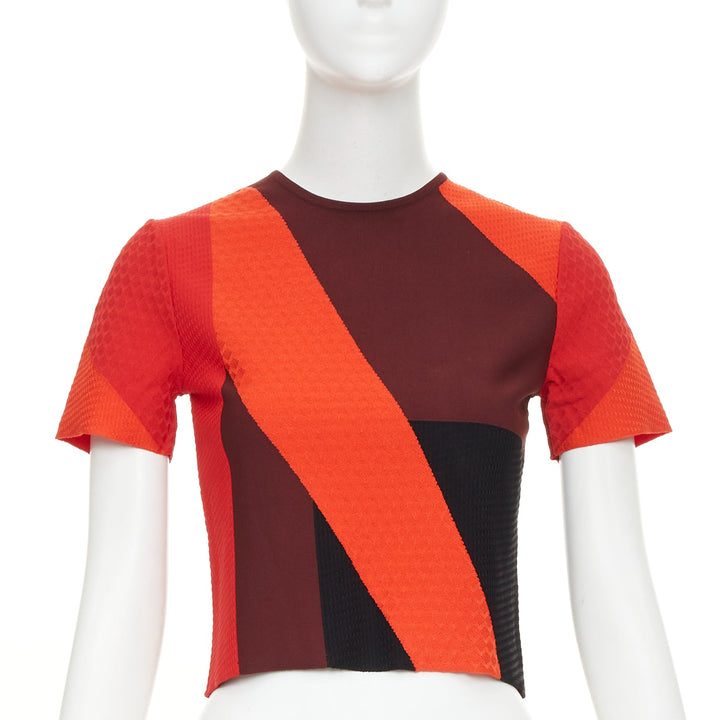 ALEXANDER MCQUEEN red colorblock mixed stitch short sleeve crop knit top XS