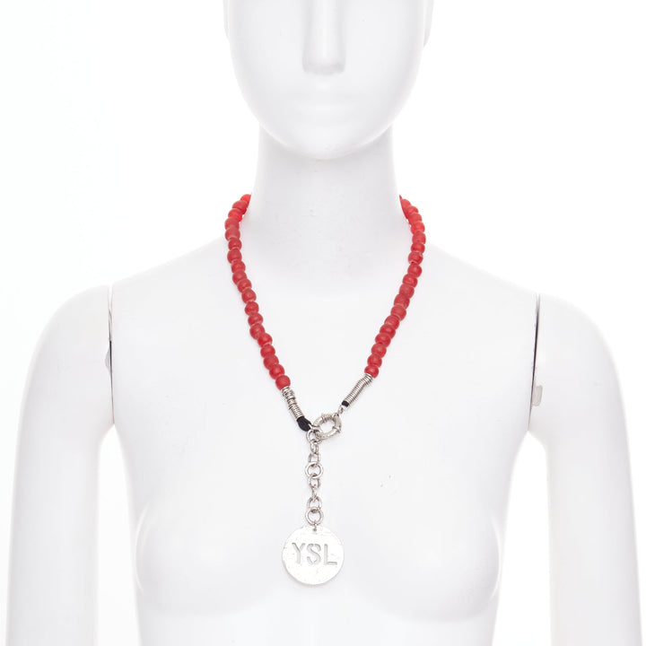 rare  YVES SAINT LAURENT 1980s Vintage red glass bead logo medallion necklace