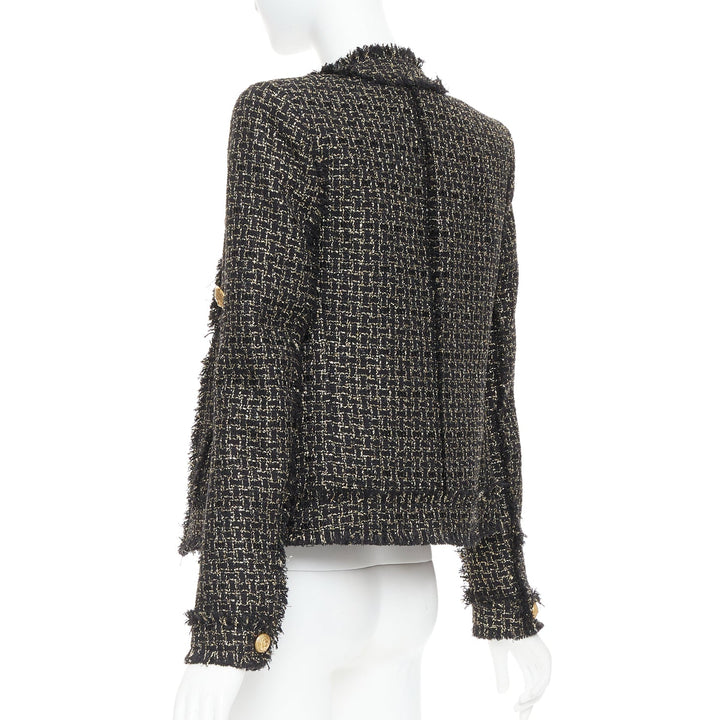 BALMAIN black gold tweed gold lion head buttons power jacket FR34 XS