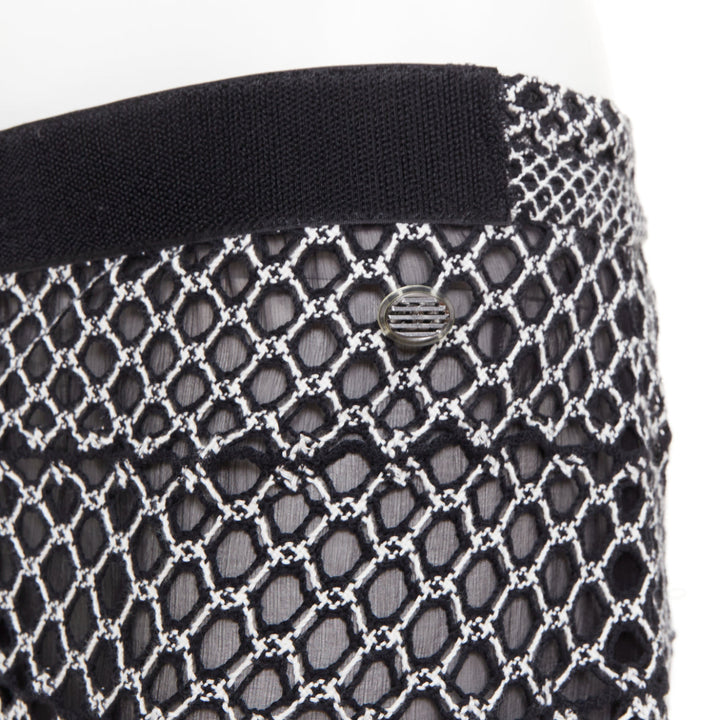 CHANEL black white geometric honeycomb guipure crochet knit wide pants FR42 XL