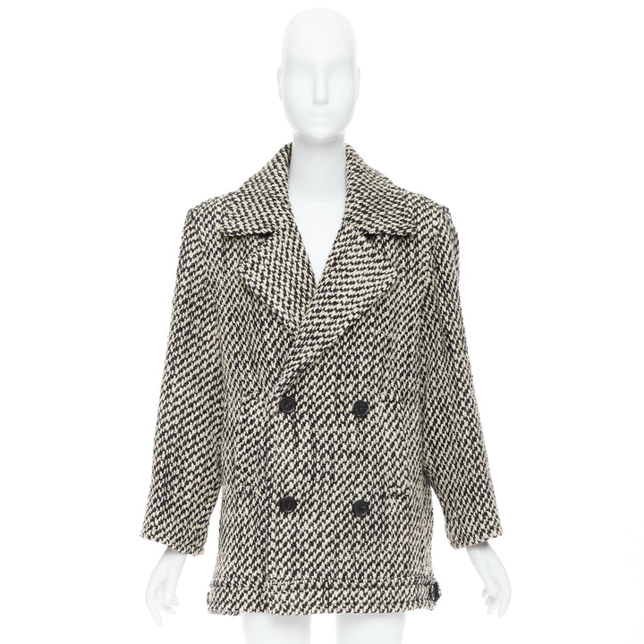 SAINT LAURENT 2022 Runway grey tweed power shoulder oversized coat FR42 XL