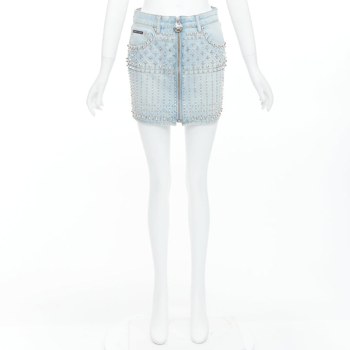 PHILLIP PLEIN New Skirt blue cotton stud crystal front zip skirt 25"