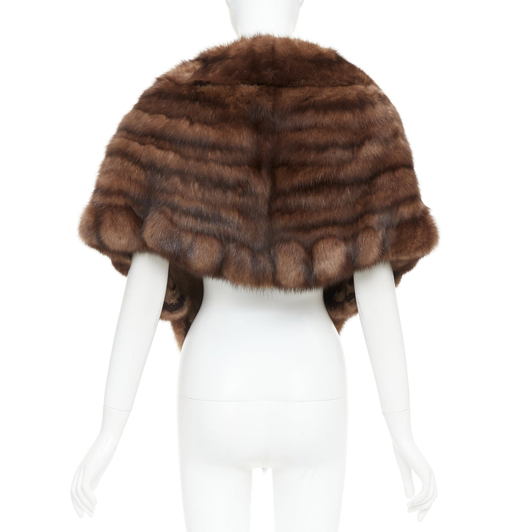 FLAMINGO brown real Russian fur tassel tiered shawl scarf stole
