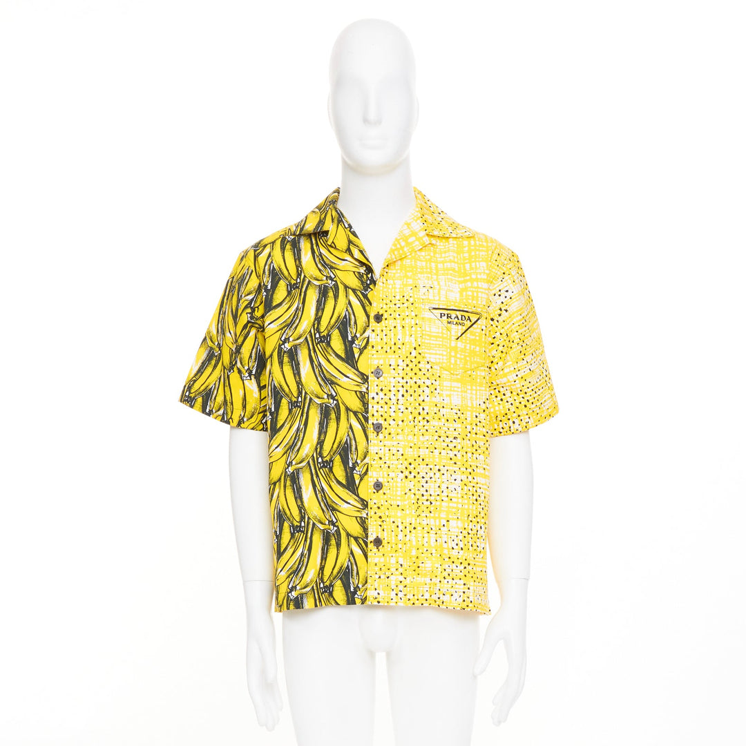 PRADA 2021 Runway Double Match Bananas Tweed yellow cotton bowling shirt S