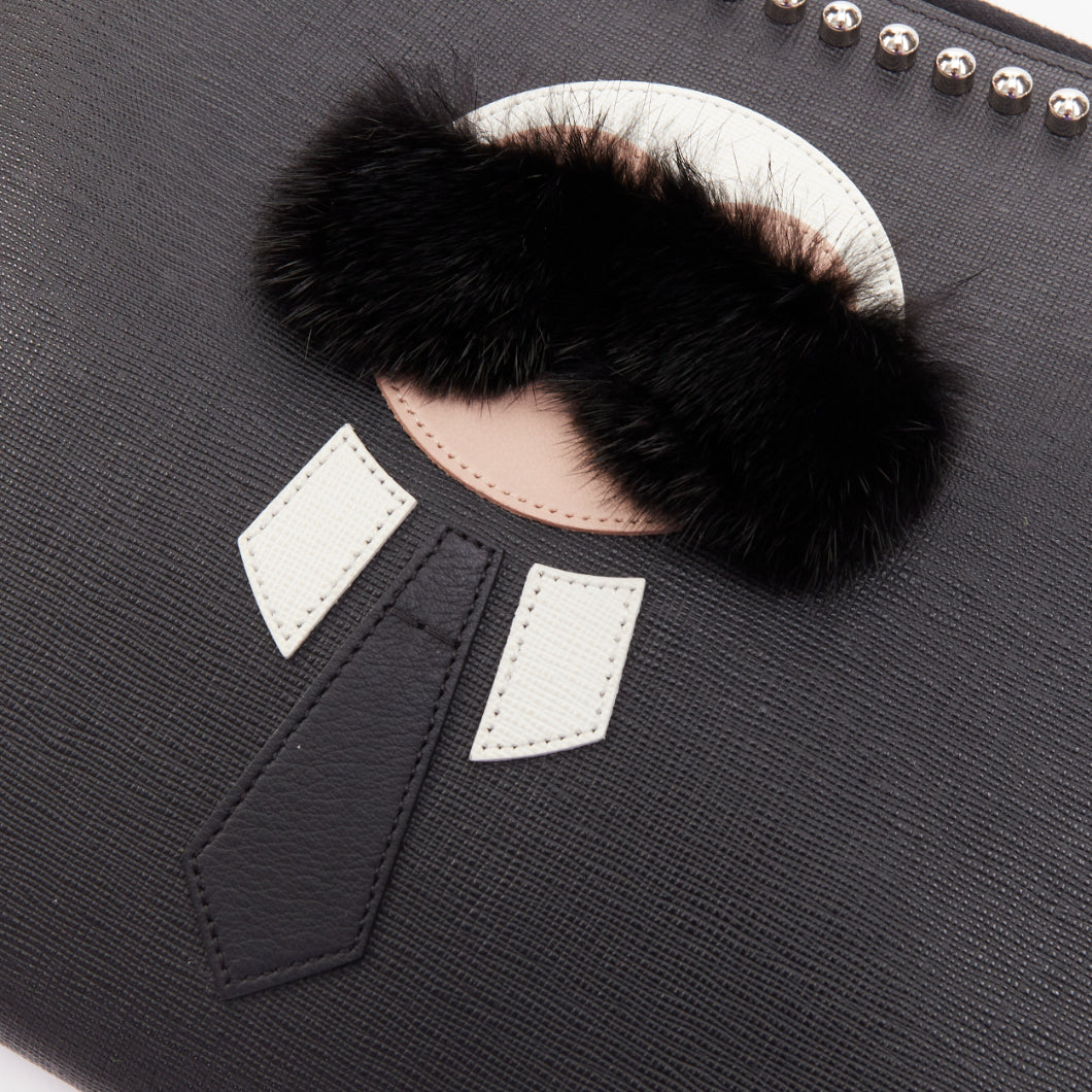 FENDI Karlito black mink fur white leather studded saffiano portfolio clutch bag