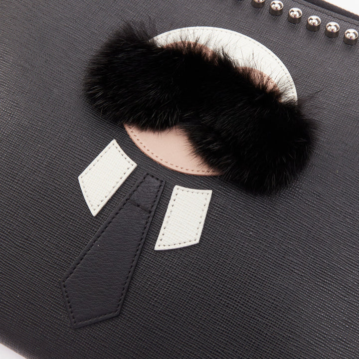 FENDI Karlito black mink fur white leather studded saffiano portfolio clutch bag