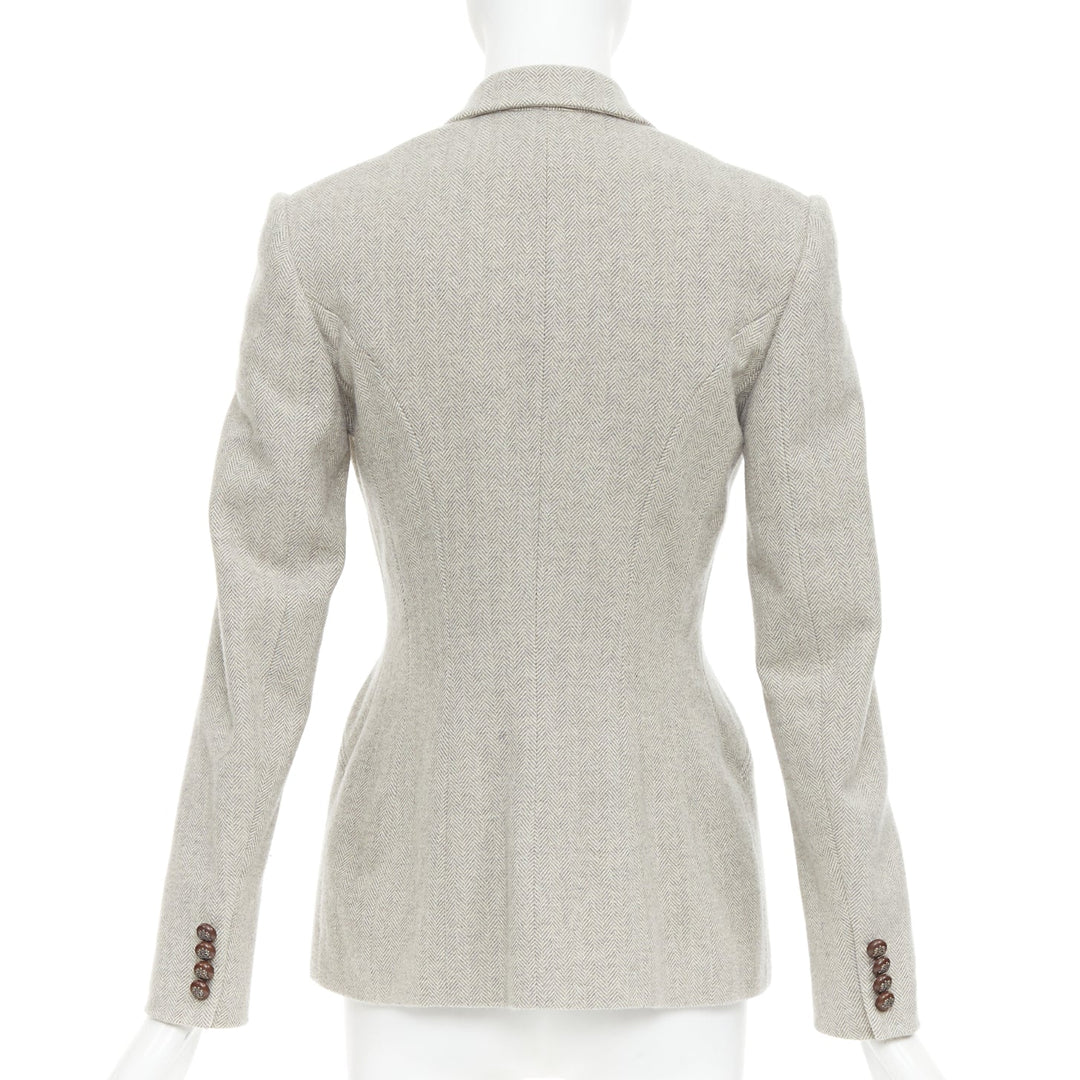 RALPH LAUREN Black Label grey merino wool herringbone leather button blazer US2