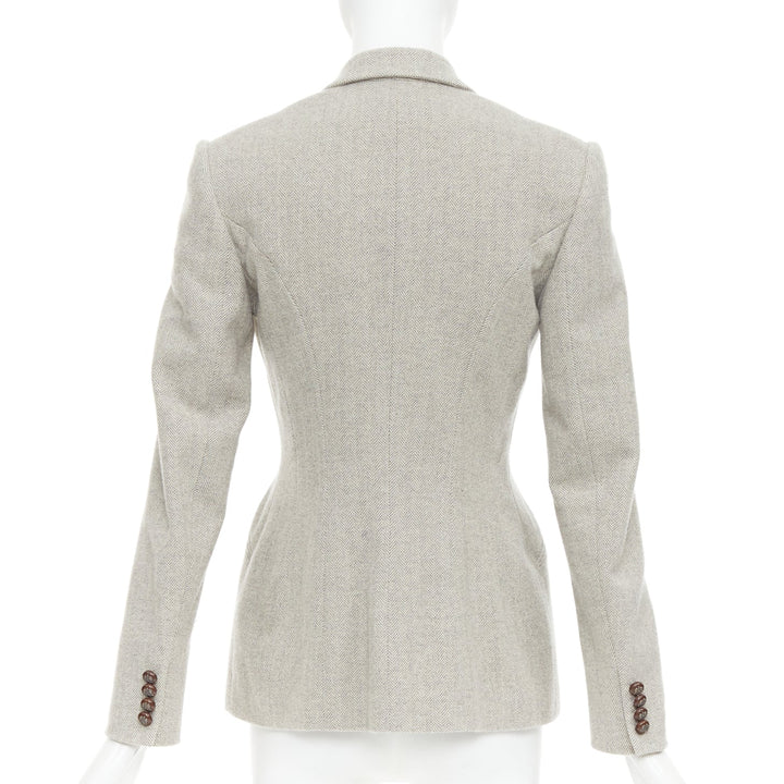 RALPH LAUREN Black Label grey merino wool herringbone leather button blazer US2