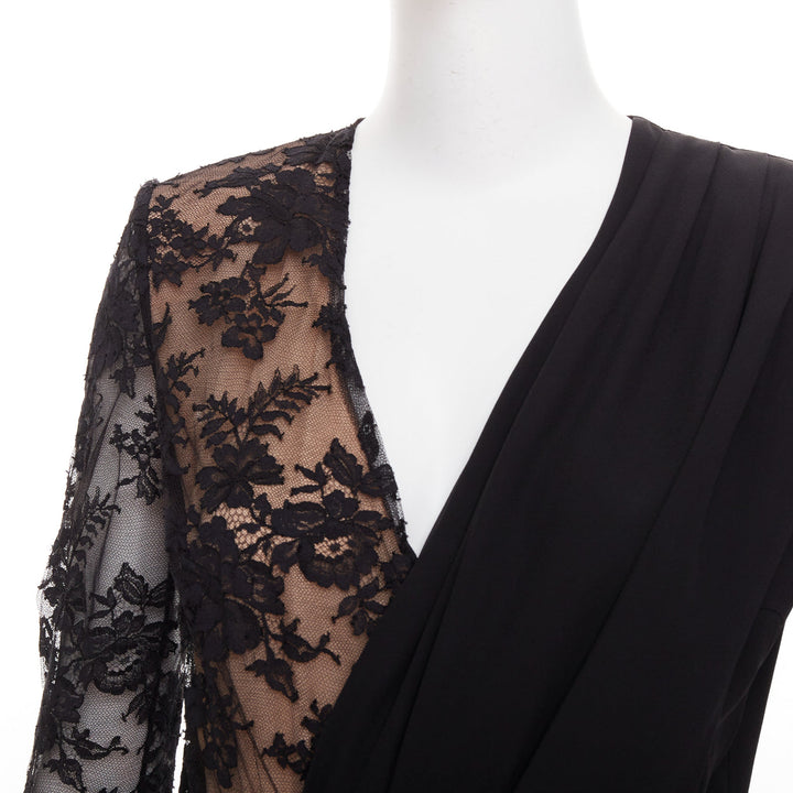 GIVENCHY black silk cotton blend intricate lace trim wrap jumpsuit FR36 S