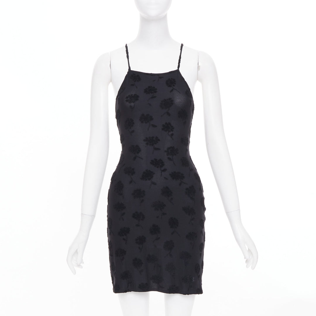 EMPORIO ARMANI Vintage black floral flock velvet jacquard slip dress IT38 XS
