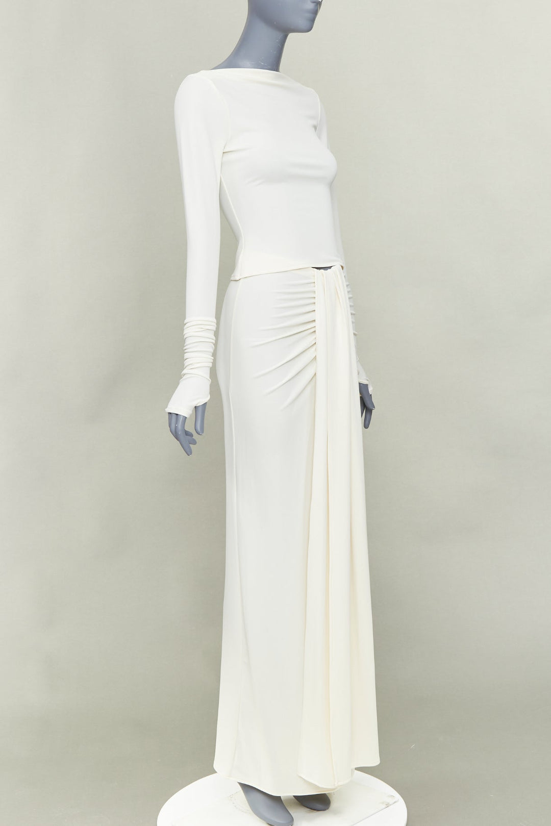 HELSA 2023 ivory matte jersey boatneck backless top draped wrap skirt set XS