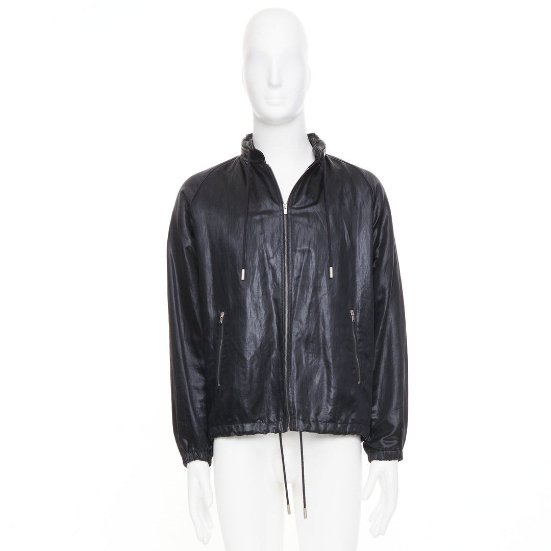SAINT LAURENT 2018 crinkled coated drawstring zip up blouson jacket FR 46 S