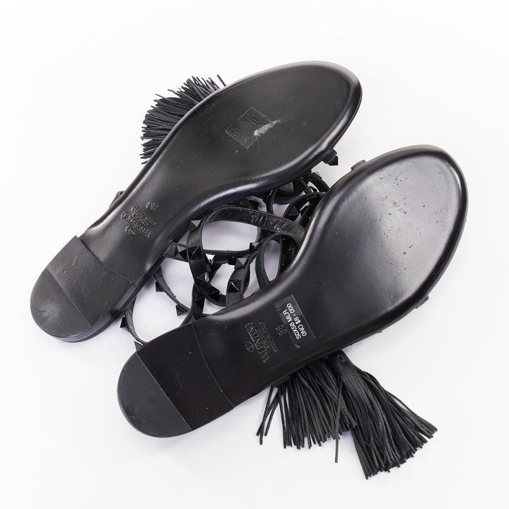 VALENTINO Rockstud black leather wraparound lace up tassel gladiator flats EU38