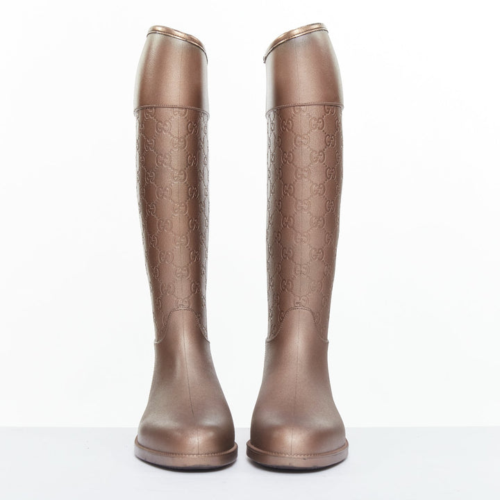 GUCCI bronze GG logo monogram rubber flat tall rainboots EU36