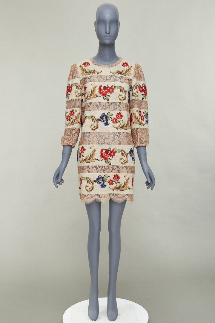 DOLCE GABBANA 2012 Runway baroque floral needlepoint sheer lace shift dress IT44